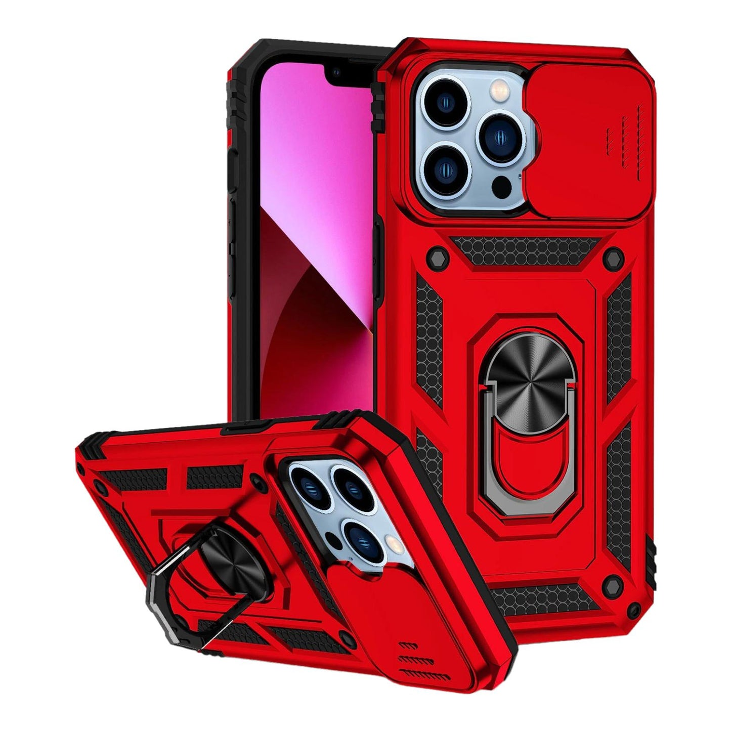 Case For iPhone 14 15 Red Armoured With Ring Holder Stand Camera Shutter Case Cover FoneFunShop   