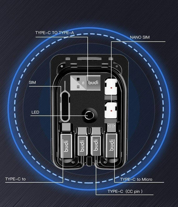 Budi 9-in-1 Essential Travel Charging & Data Sync Cable Stick For Smart Phone TF Card Storage - Black Cable FoneFunShop   