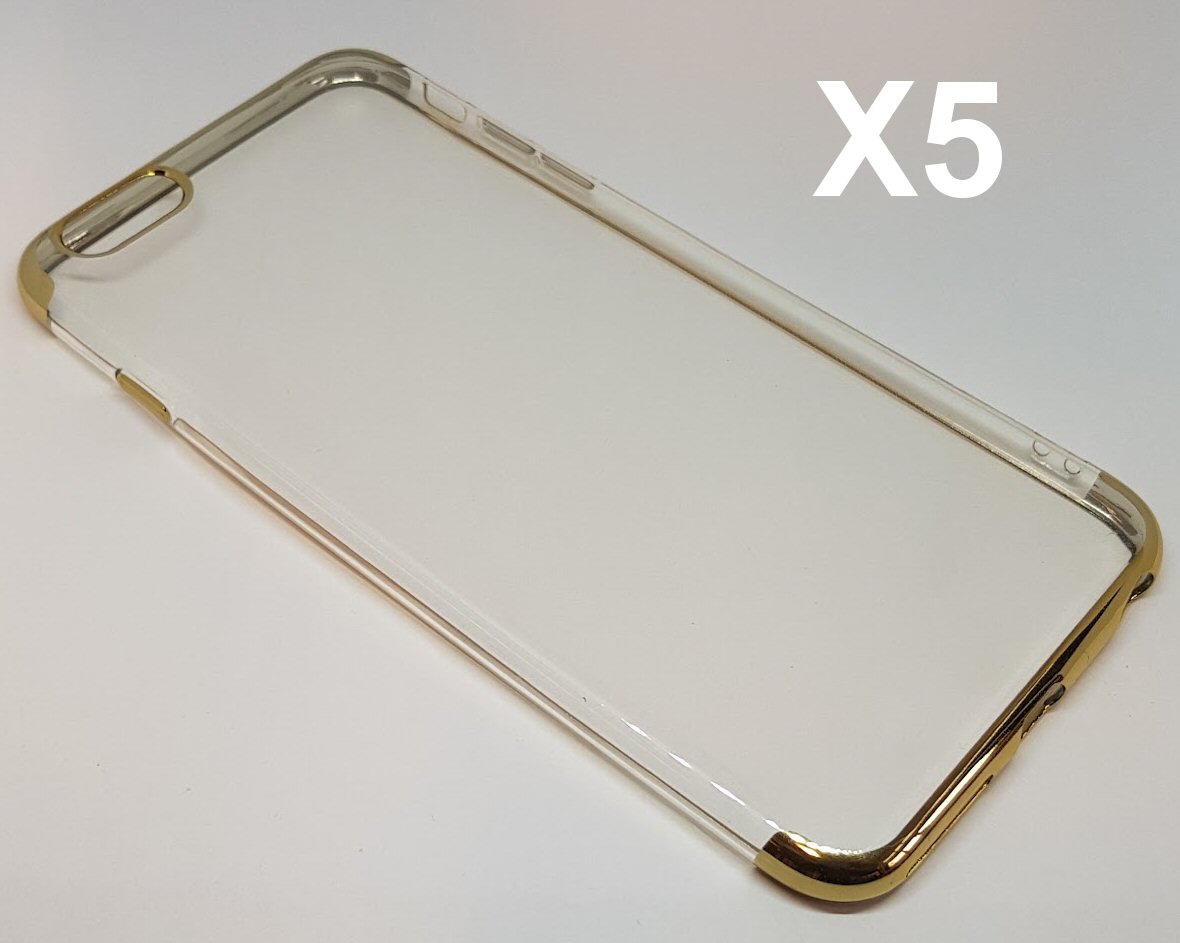 Case For iPhone 6s Plus Clear With Gold Trim and Gold Buttons Pack of 5 x Case Cover FoneFunShop   