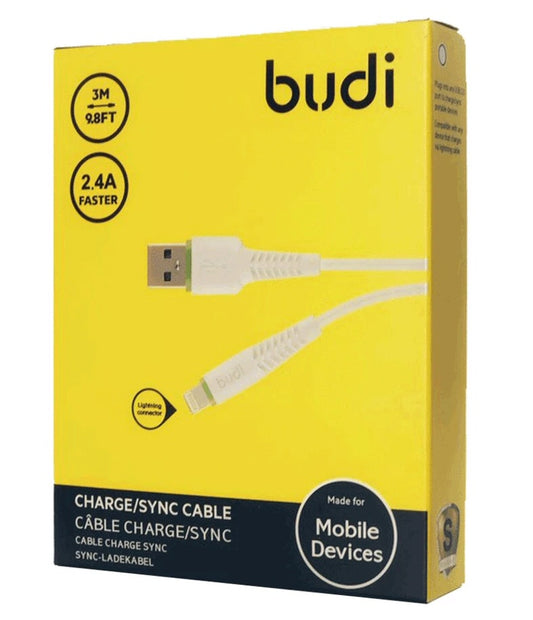 Budi 3m USB Charging Cable For iPhone White Cable FoneFunShop   