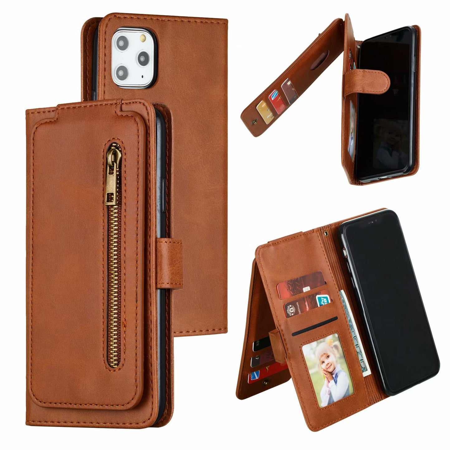 Flip Case For iPhone 13 Wallet with Zip and Card Holder Brown Case Cover FoneFunShop   