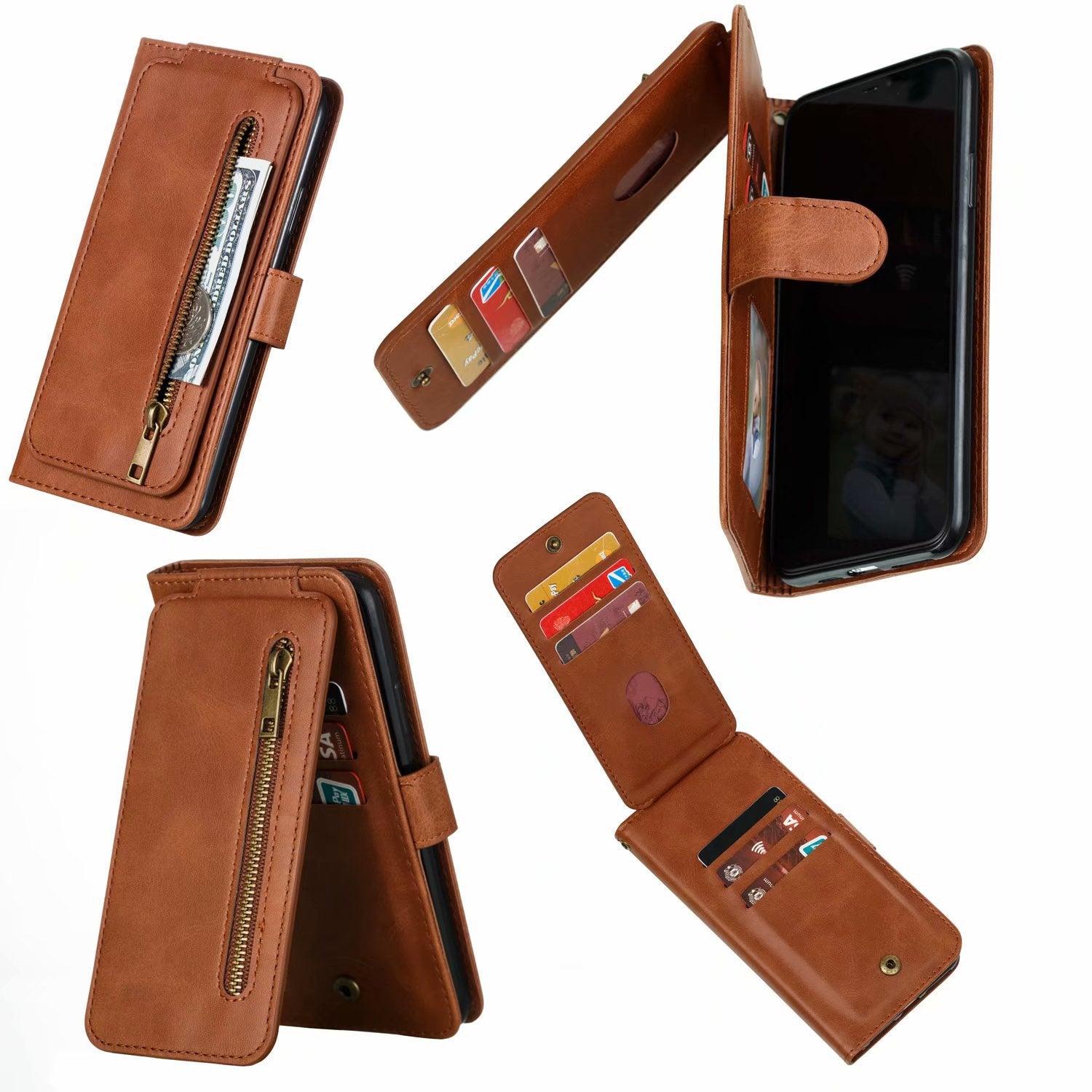 Flip Case For iPhone 13 Wallet with Zip and Card Holder Brown Case Cover FoneFunShop   