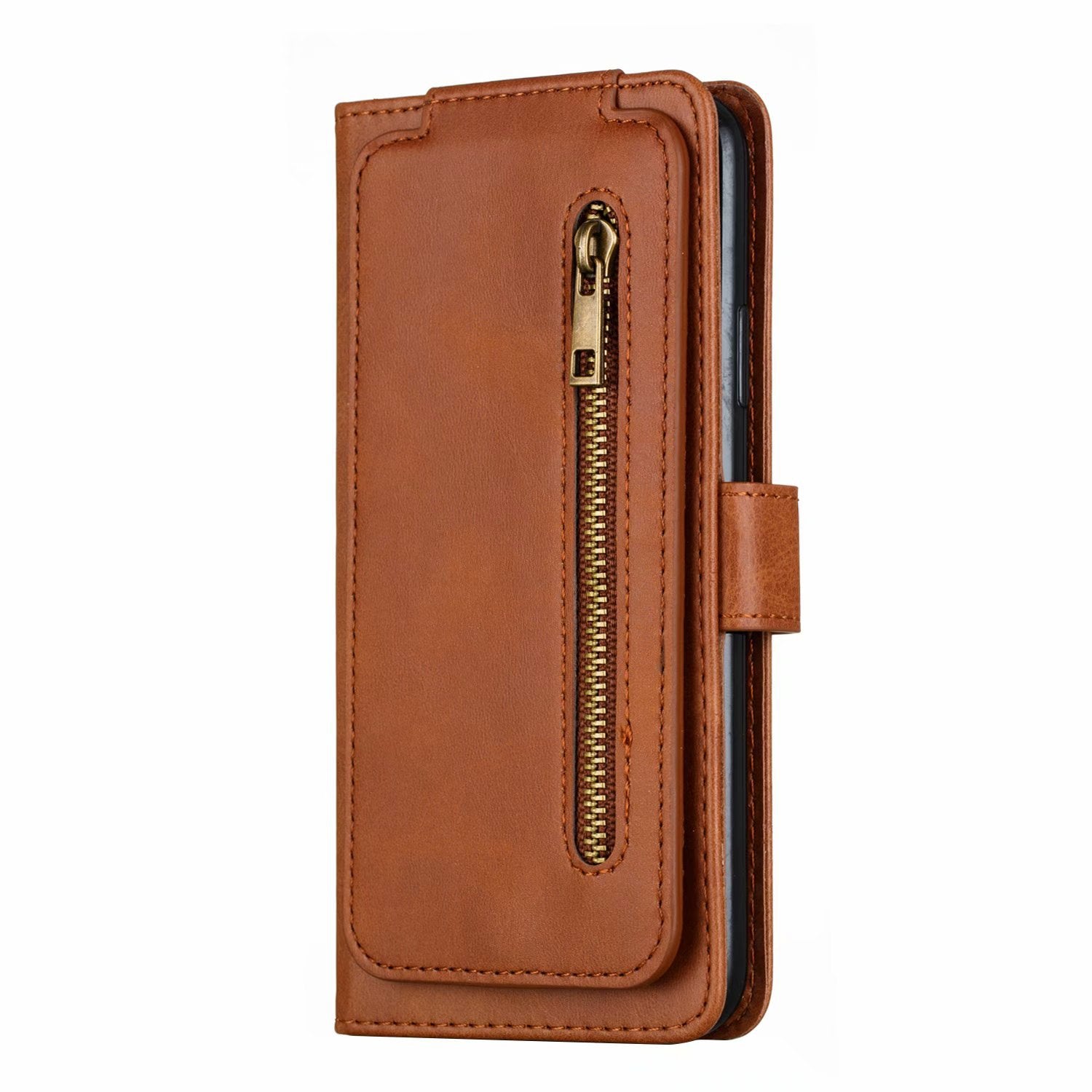 Flip Case For iPhone 13 Wallet with Zip and Card Holder Brown Case Cover FoneFunShop   