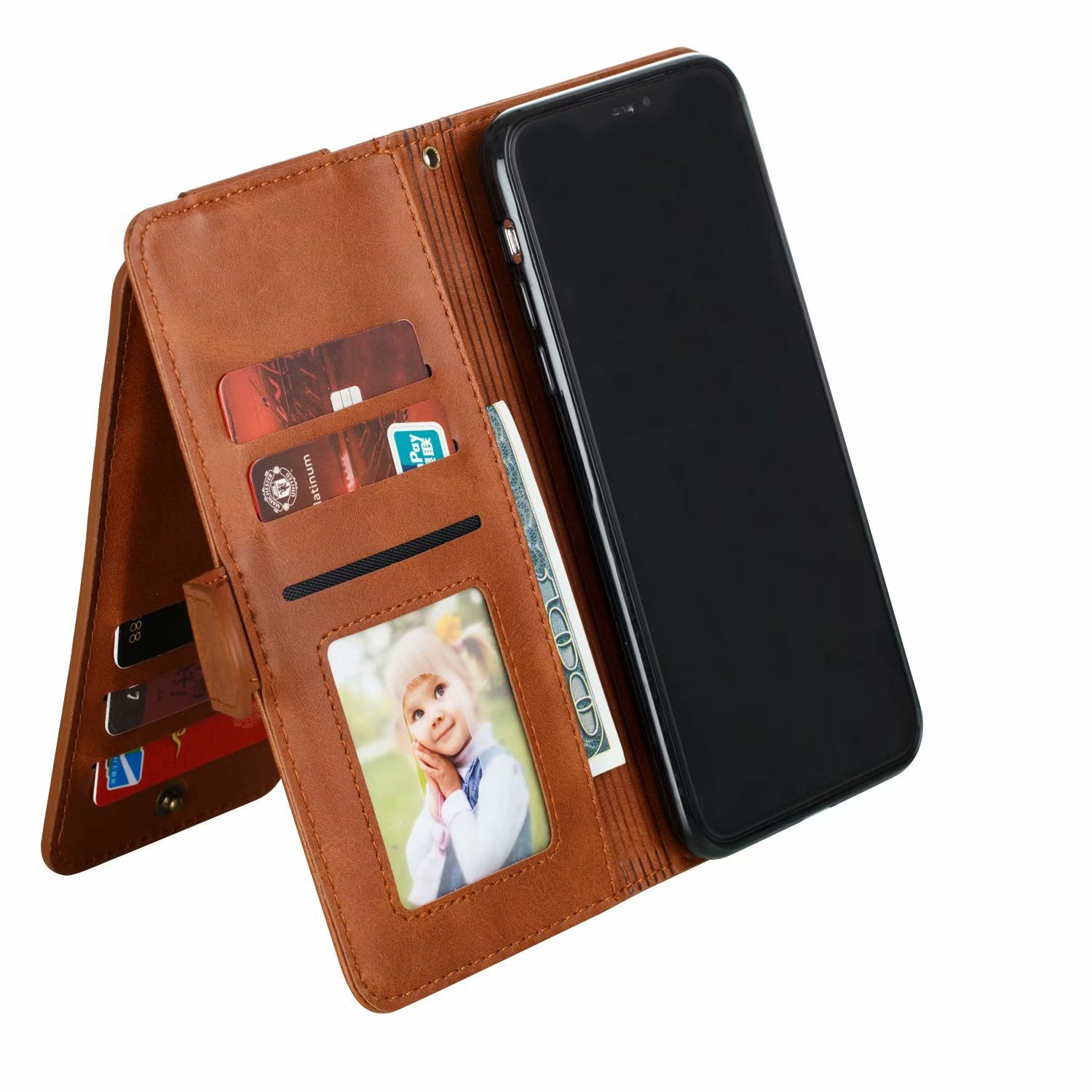 Flip Case For iPhone 13 Wallet with Zip and Card Holder Brown Case Cover FoneFunShop   