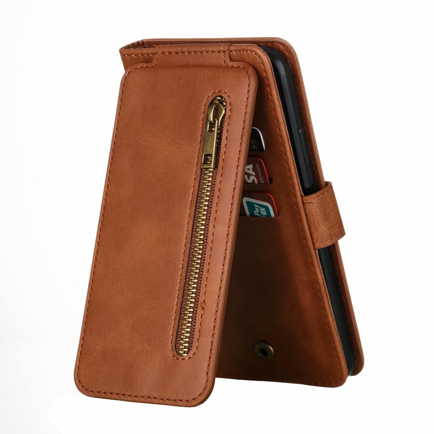 Flip Case For iPhone 13 Wallet with Zip and Card Holder Brown Case Cover FoneFunShop   