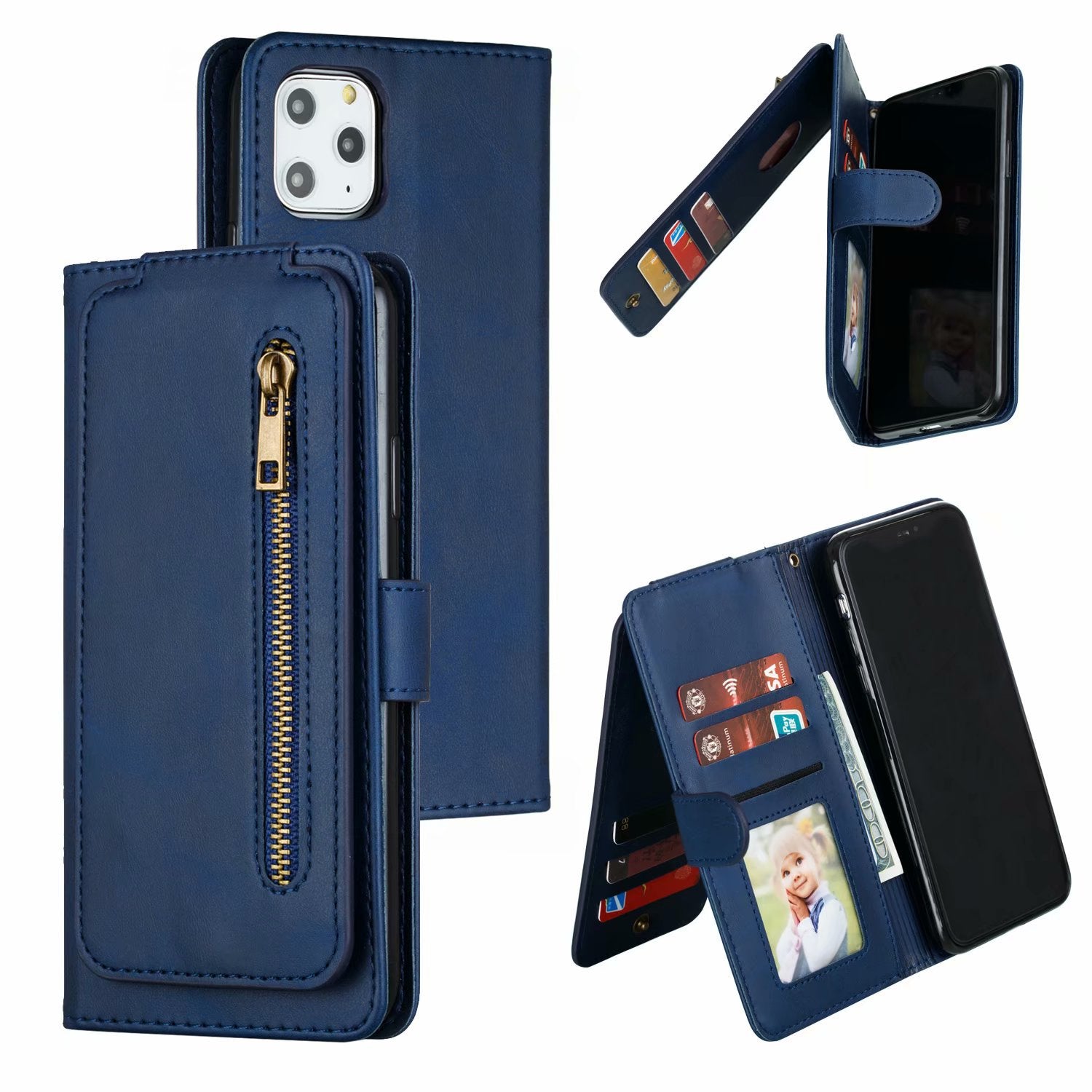 Flip Case For iPhone 13 Wallet with Zip and Card Holder Blue Case Cover FoneFunShop   