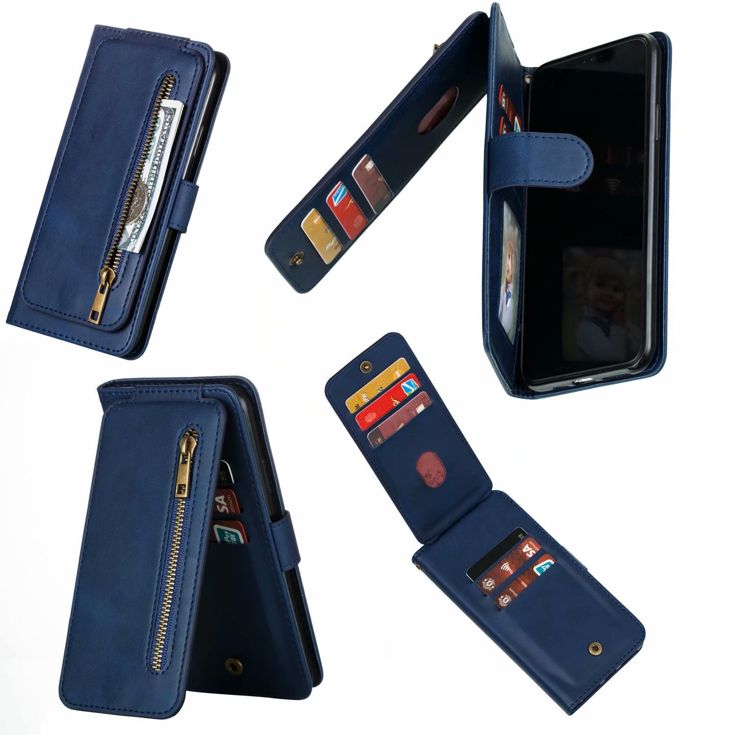 Flip Case For iPhone 13 Wallet with Zip and Card Holder Blue Case Cover FoneFunShop   