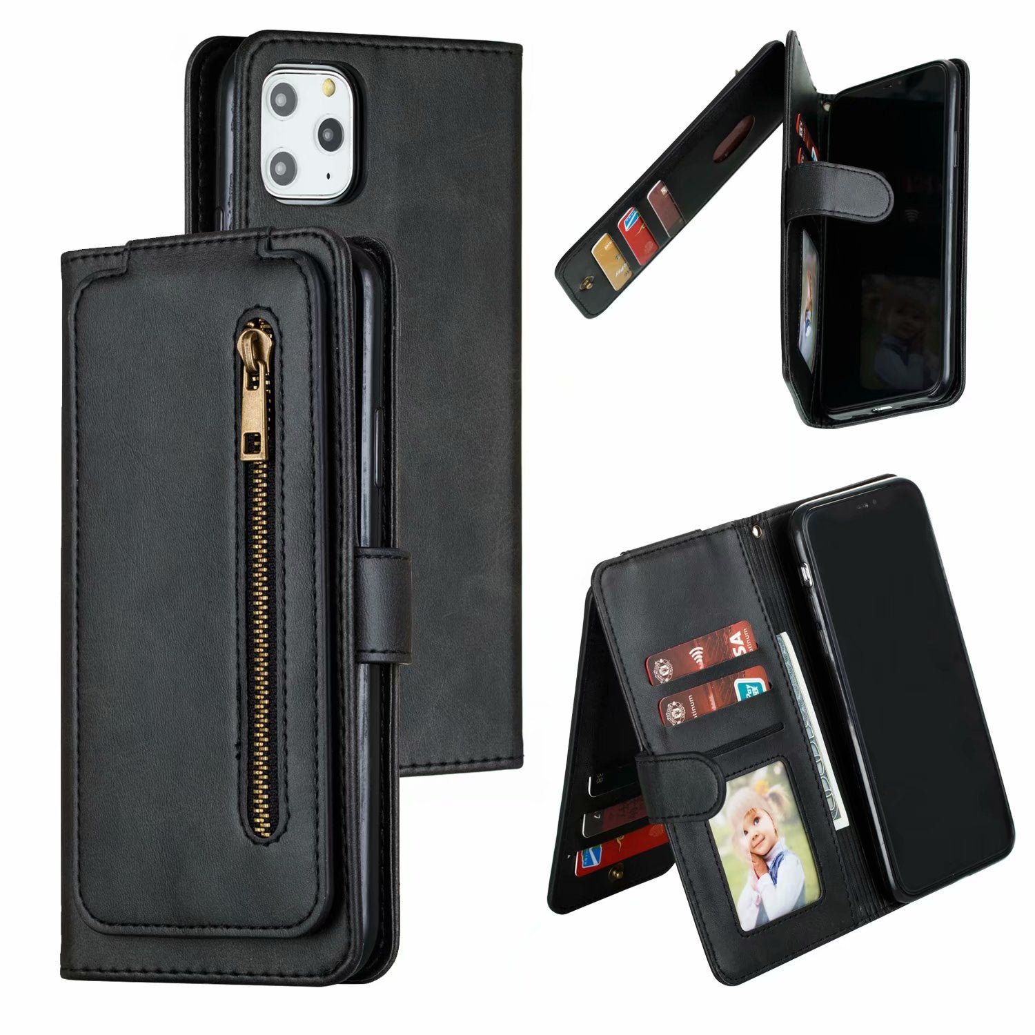 Flip Case For iPhone 13 Wallet with Zip and Card Holder Black Case Cover FoneFunShop   