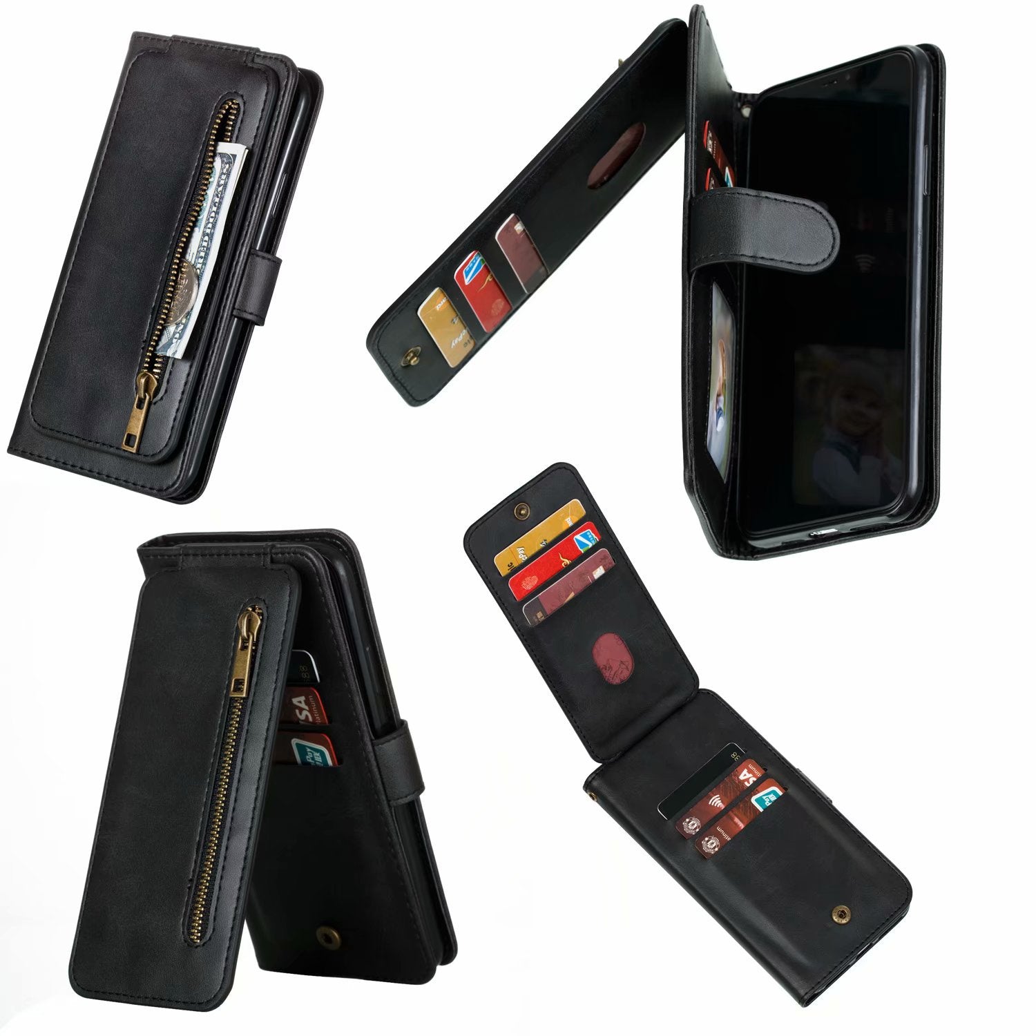 Flip Case For iPhone 13 Wallet with Zip and Card Holder Black Case Cover FoneFunShop   