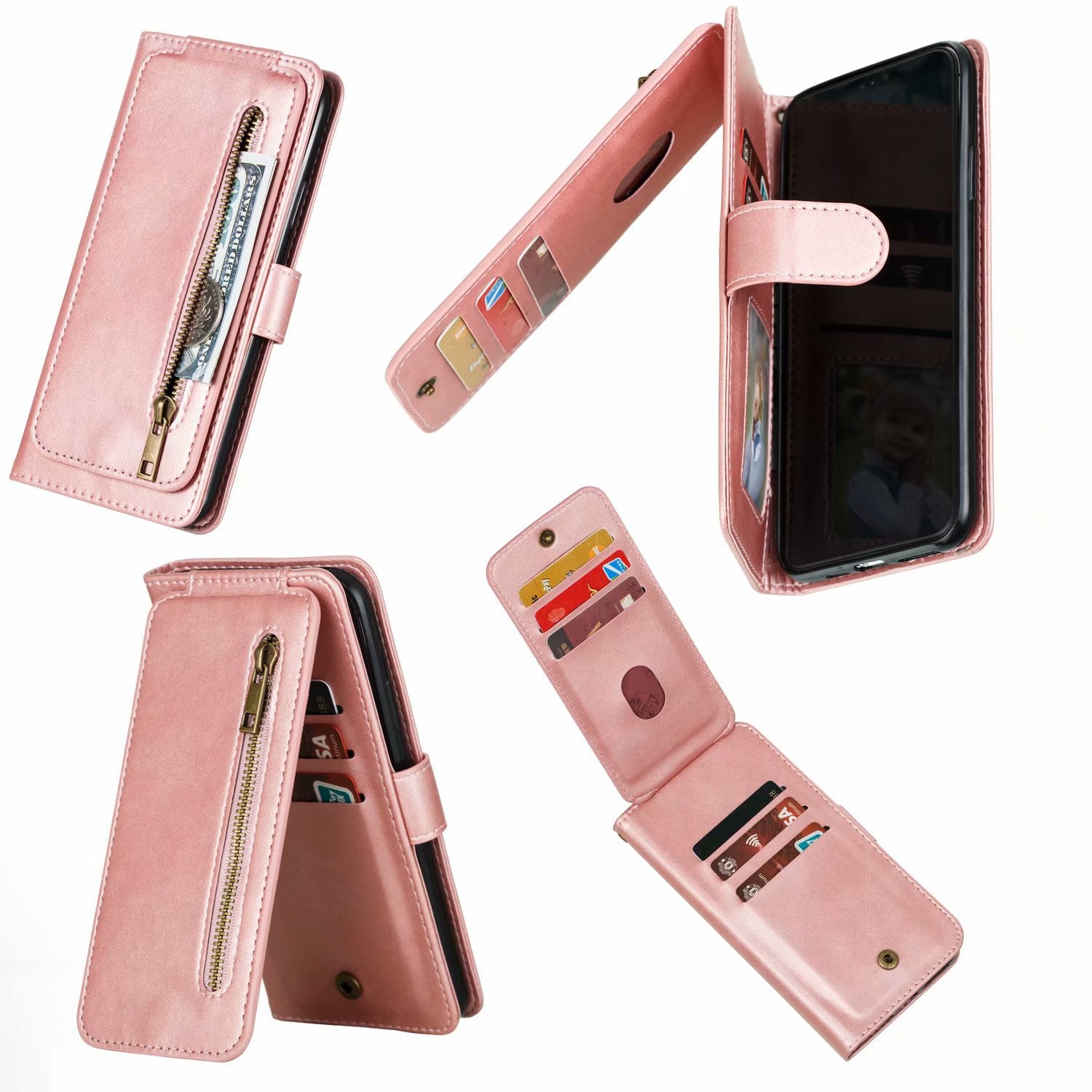 Flip Case For iPhone 13 Pro Max Wallet with Zip and Card Holder Pink Case Cover FoneFunShop   