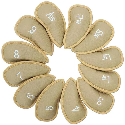 Leather Golf Club Headcovers Irons Set 12 Pcs Club Iron Head Covers in Khaki Golf FoneFunShop   