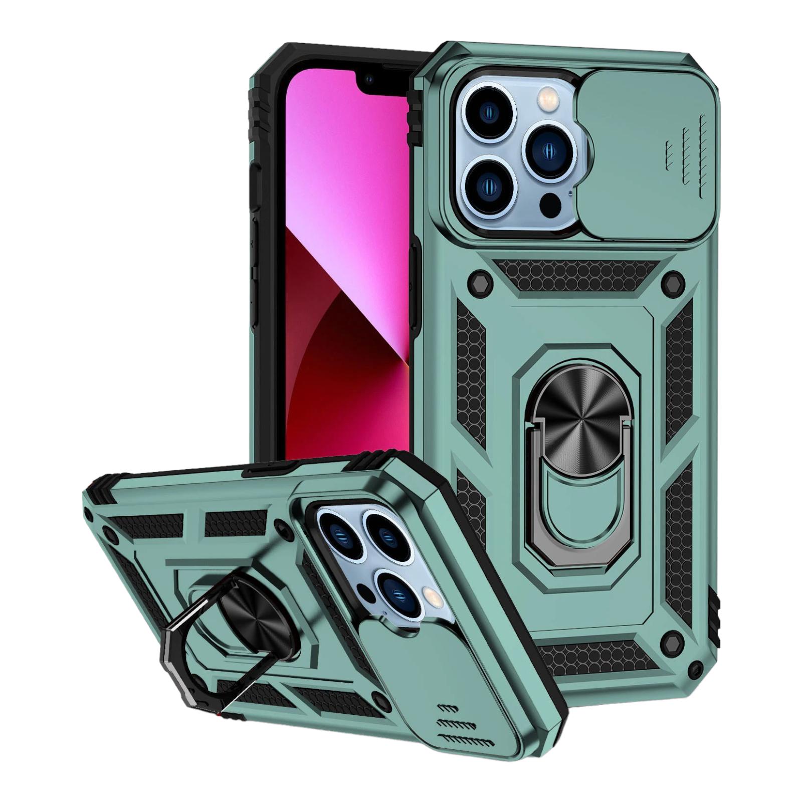 Case For iPhone 14pm 15pm Green Armoured Ring Holder Stand Camera Shutter Case Cover FoneFunShop   