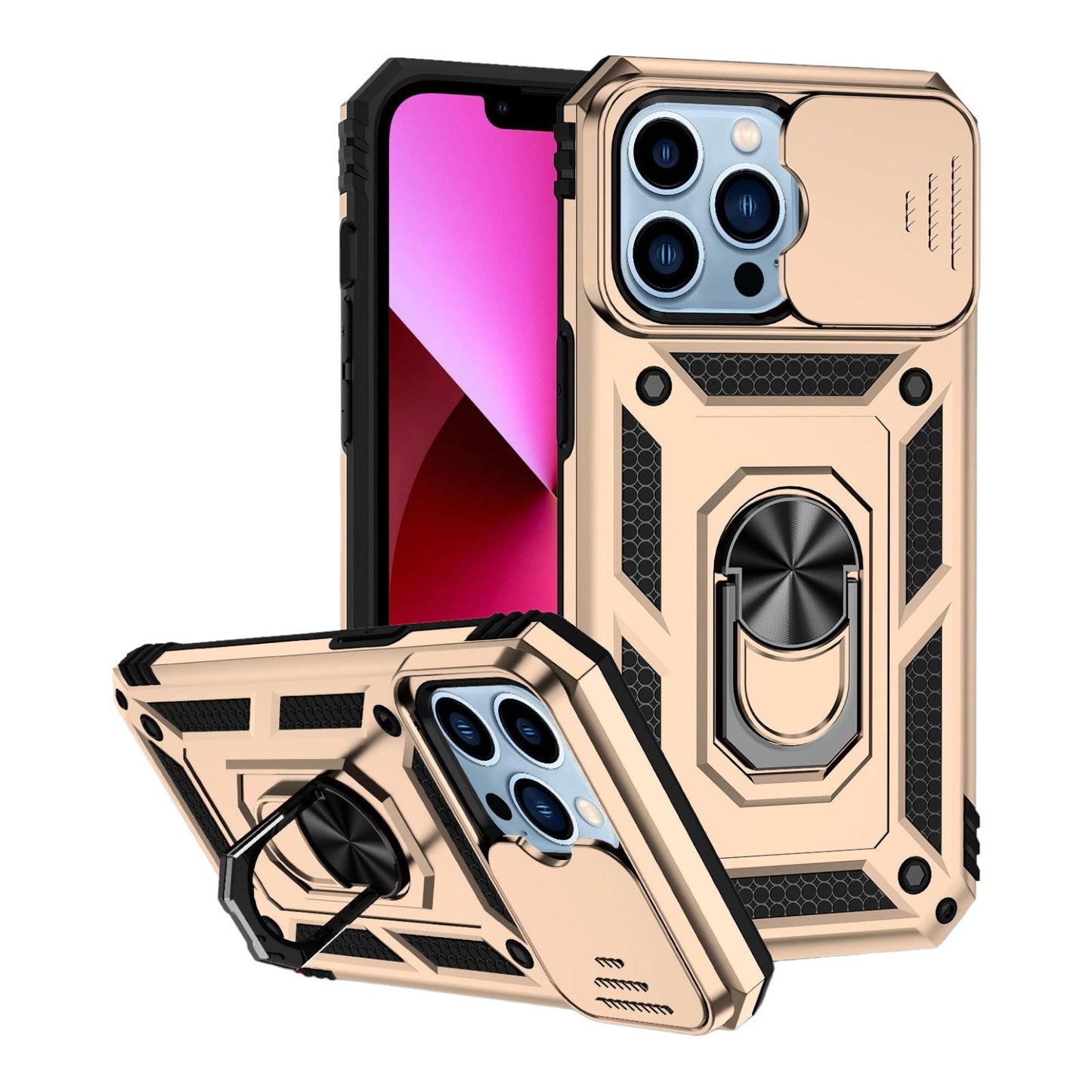 Case For iPhone 14 15 Gold Armoured With Ring Holder Stand Camera Shutter Case Cover FoneFunShop   