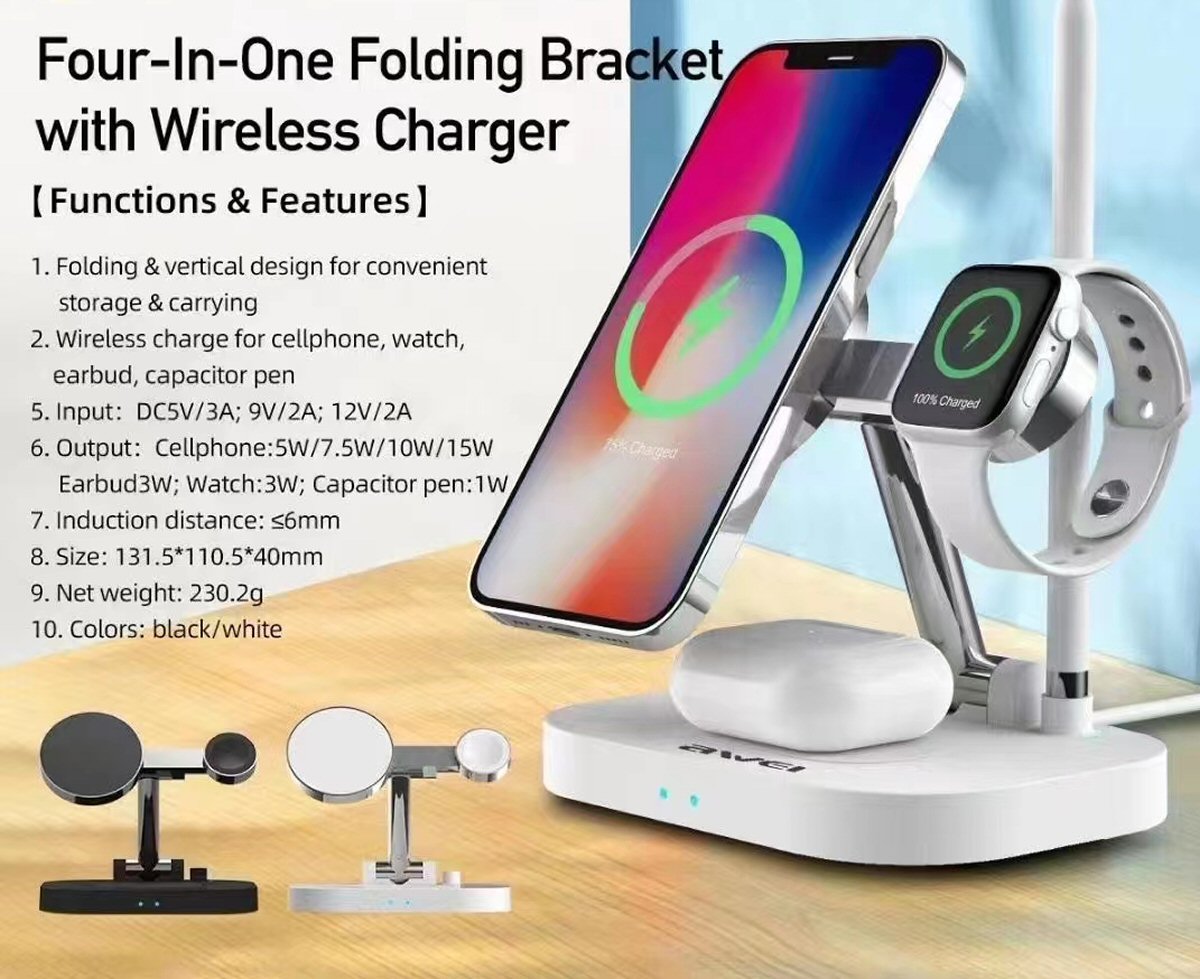 Wireless Charger For Phone Watch Pods Pencil 15W Fast Charge AWEI W22 4 in1 Charger FoneFunShop   