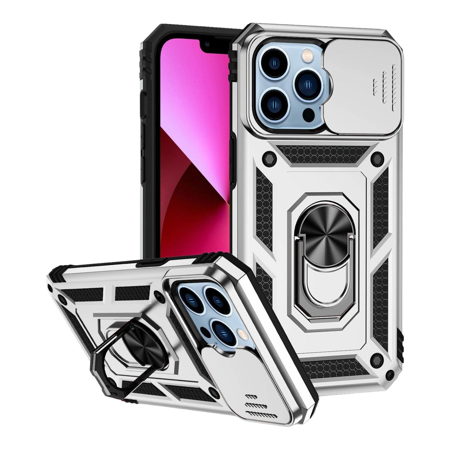 Case For iPhone 14 15 Silver Armoured With Ring Holder Stand Camera Shutter Case Cover FoneFunShop   