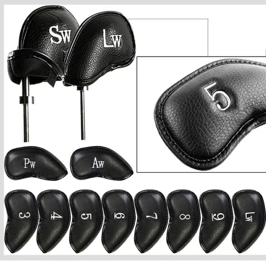 Leather Golf Club Headcovers Irons Set 12 Pcs Club Iron Head Covers in Black Golf FoneFunShop   