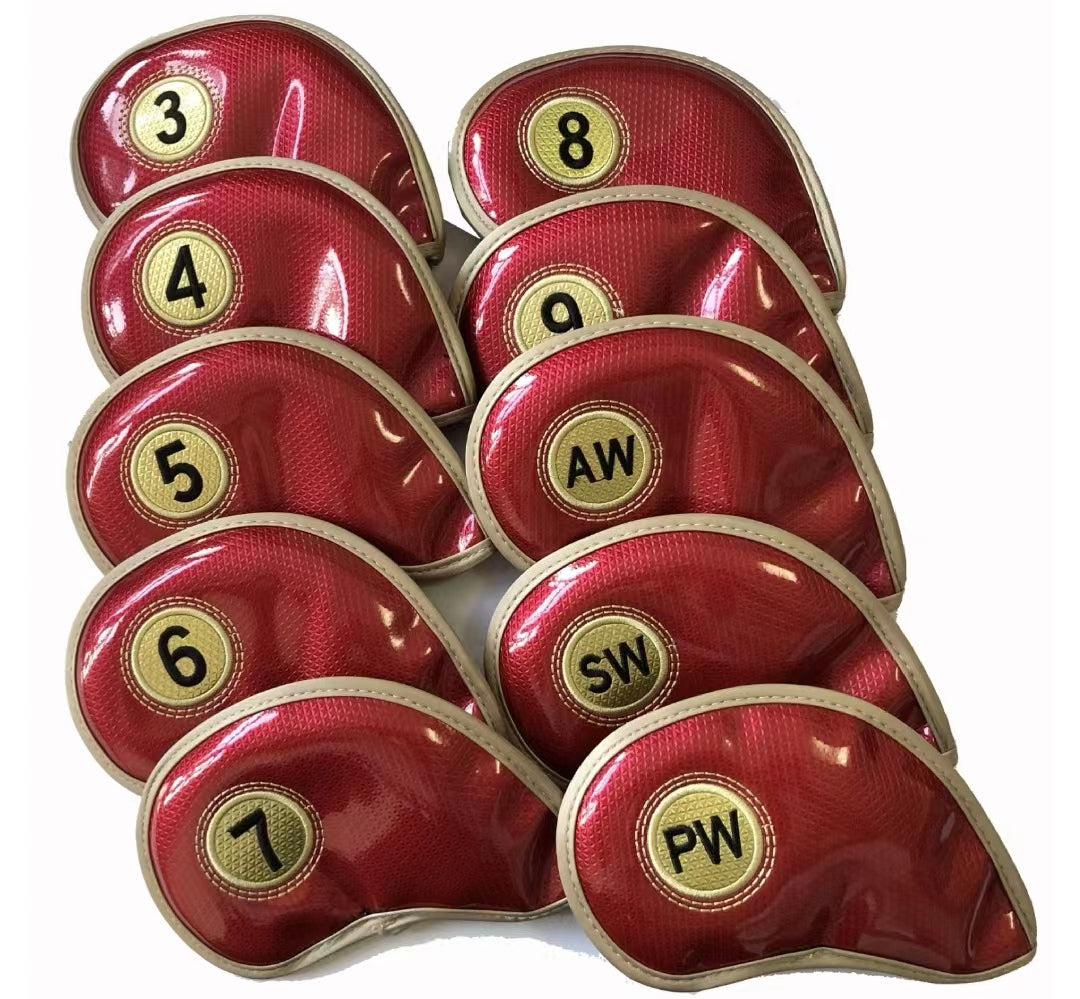 Leather Golf Club Headcovers Irons Set 10 Pcs Club Iron Head Covers in Red Golf FoneFunShop   