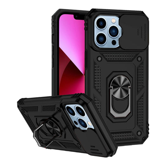 Case For iPhone 14 15 Black Armoured With Ring Holder Stand Camera Shutter Case Cover FoneFunShop   