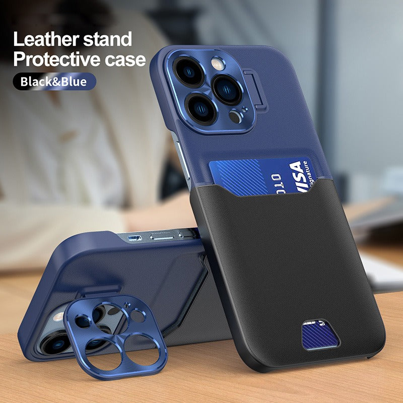 Case For iPhone 14 in Black Blue Card Holder Lens Protector Stand Case Cover FoneFunShop   