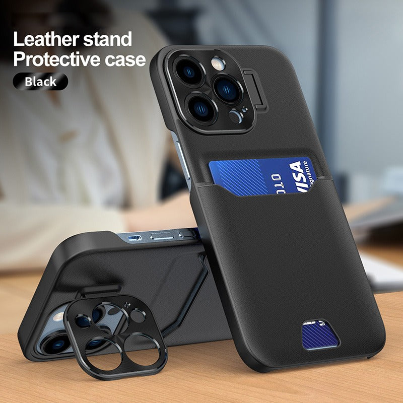 Case For iPhone 14 Pro Max in Black Card Holder Lens Protector Stand Case Cover FoneFunShop   