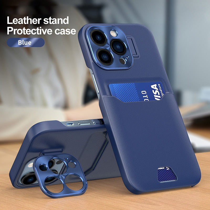 Case For iPhone 14 in Blue Card Holder Lens Protector Stand Case Cover FoneFunShop   