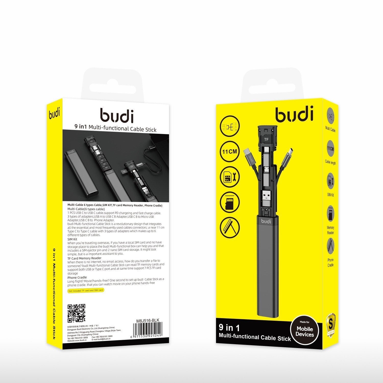 Budi 9-in-1 Essential Travel Charging & Data Sync Cable Stick For Smart Phone TF Card Storage - Black Cable FoneFunShop   