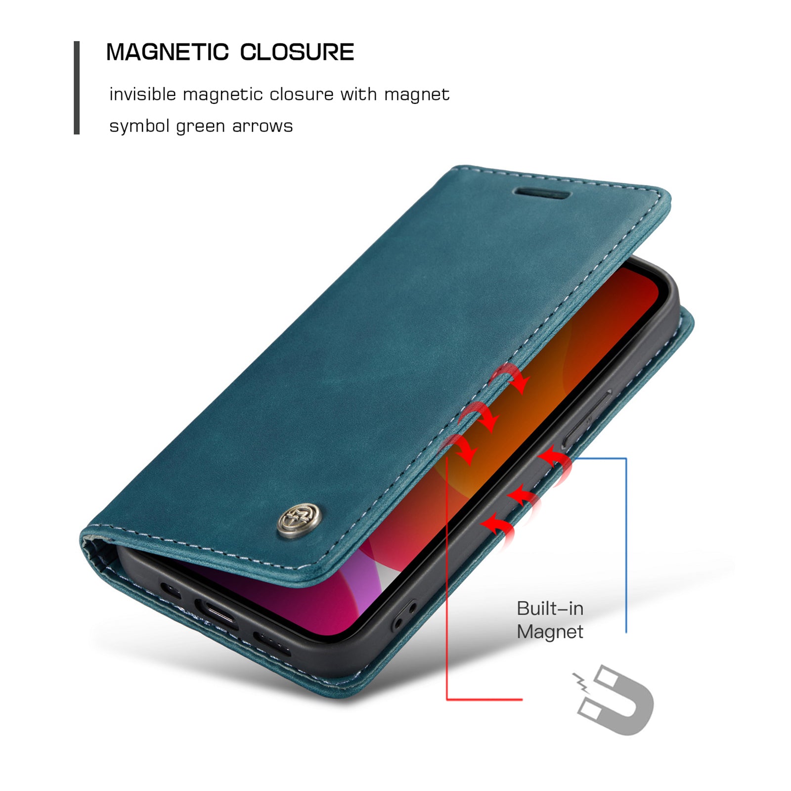 Flip Case For iPhone 13 Pro Wallet in Teal Handmade Leather Magnetic Folio Flip Case Cover FoneFunShop   