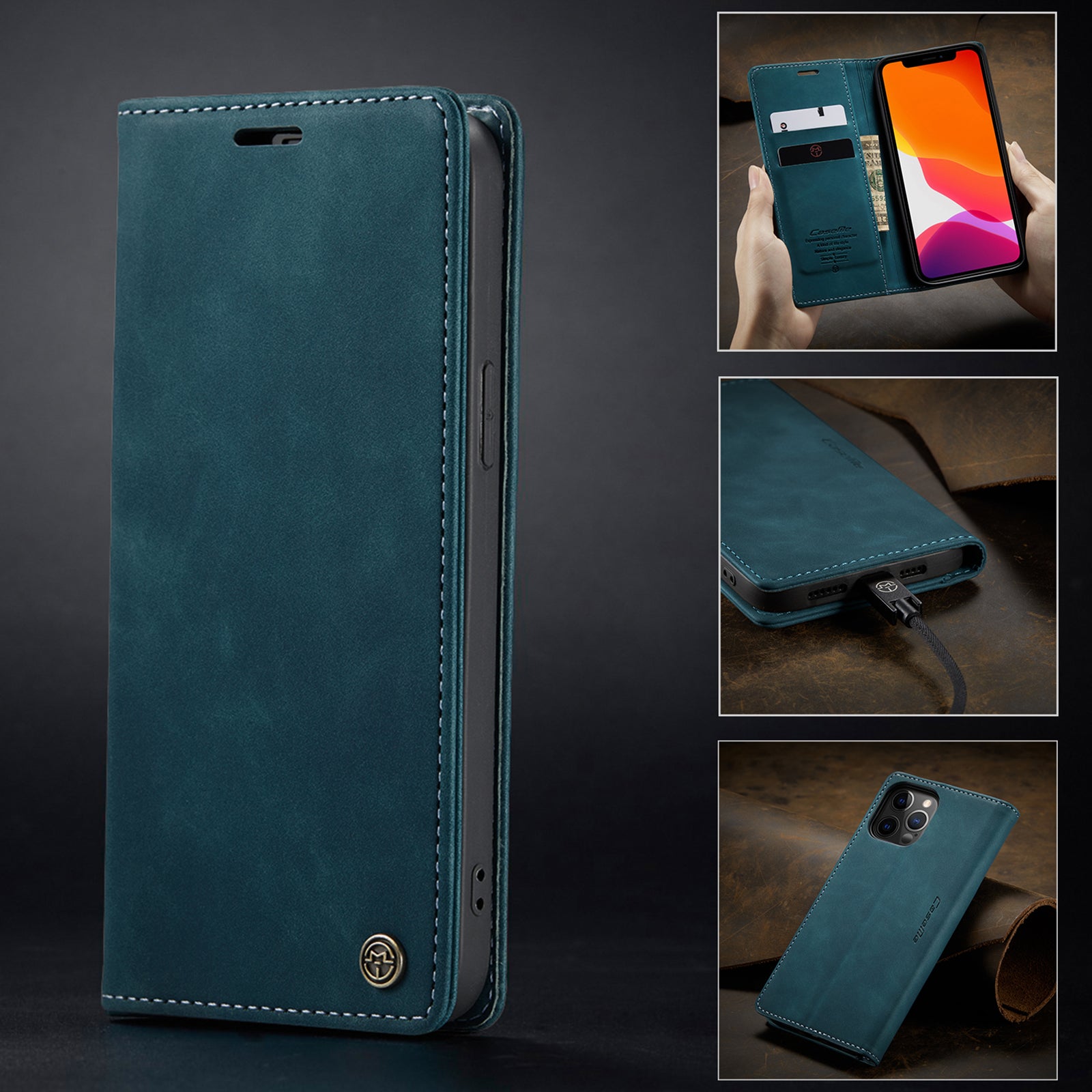 Flip Case For iPhone 13 Wallet Case in Teal Handmade Leather Magnetic Folio Flip Case Cover FoneFunShop   