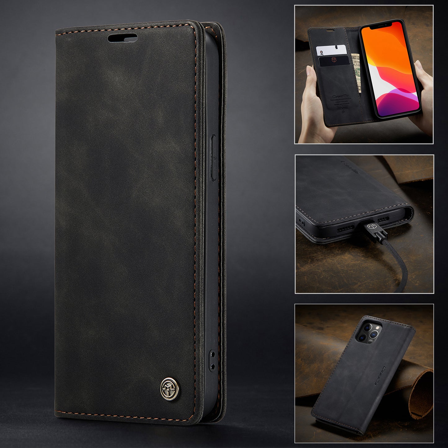 Flip Case For iPhone 13 Wallet in Black Handmade Leather Magnetic Folio Flip Case Cover FoneFunShop   