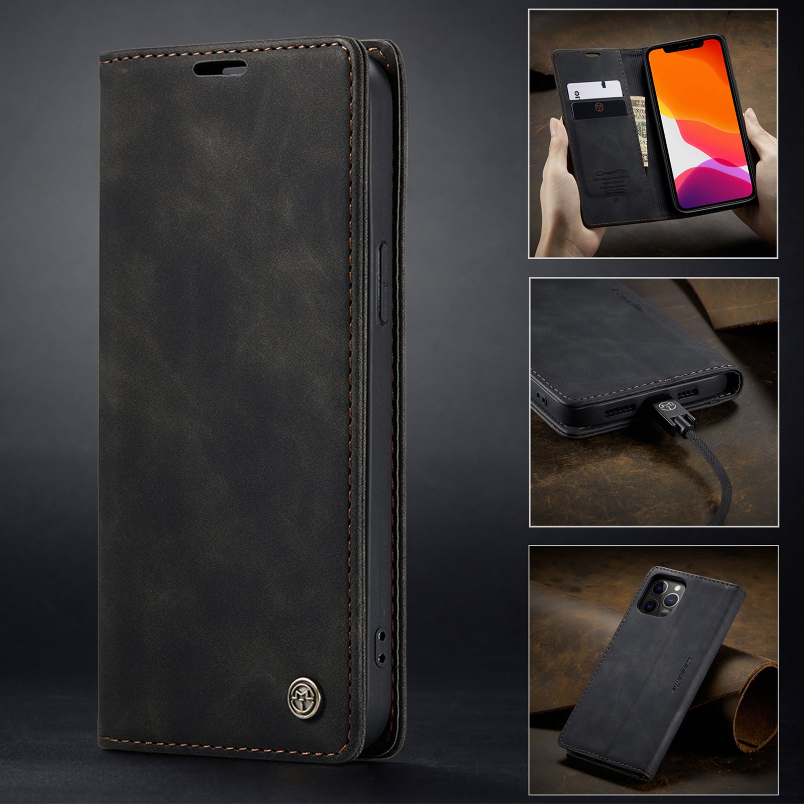 Flip Case For iPhone 13 Wallet in Black Handmade Leather Magnetic Folio Flip Case Cover FoneFunShop   