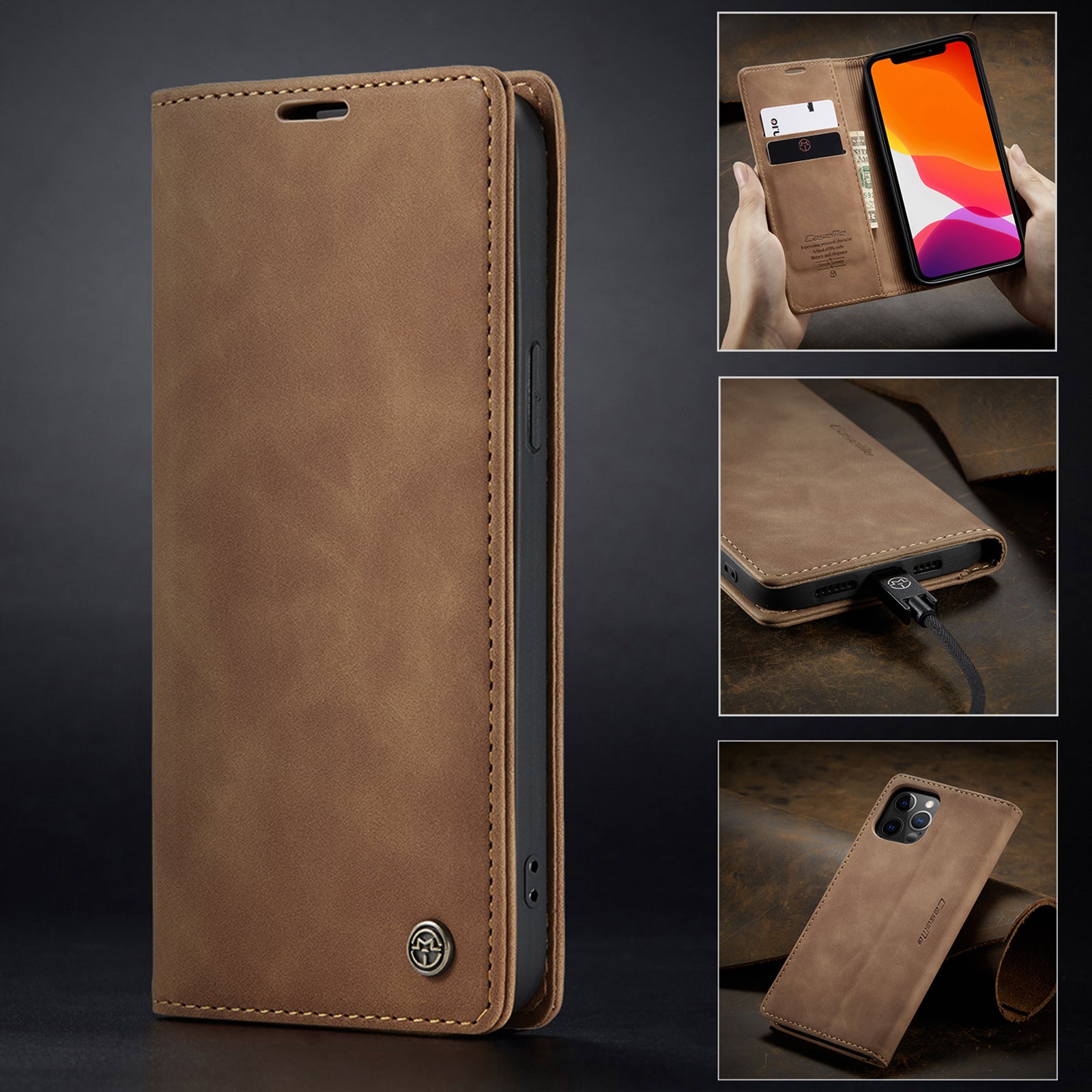 Flip Case For iPhone 13 Mini Wallet in Beige Handmade Leather Magnetic Flip Case Cover FoneFunShop   