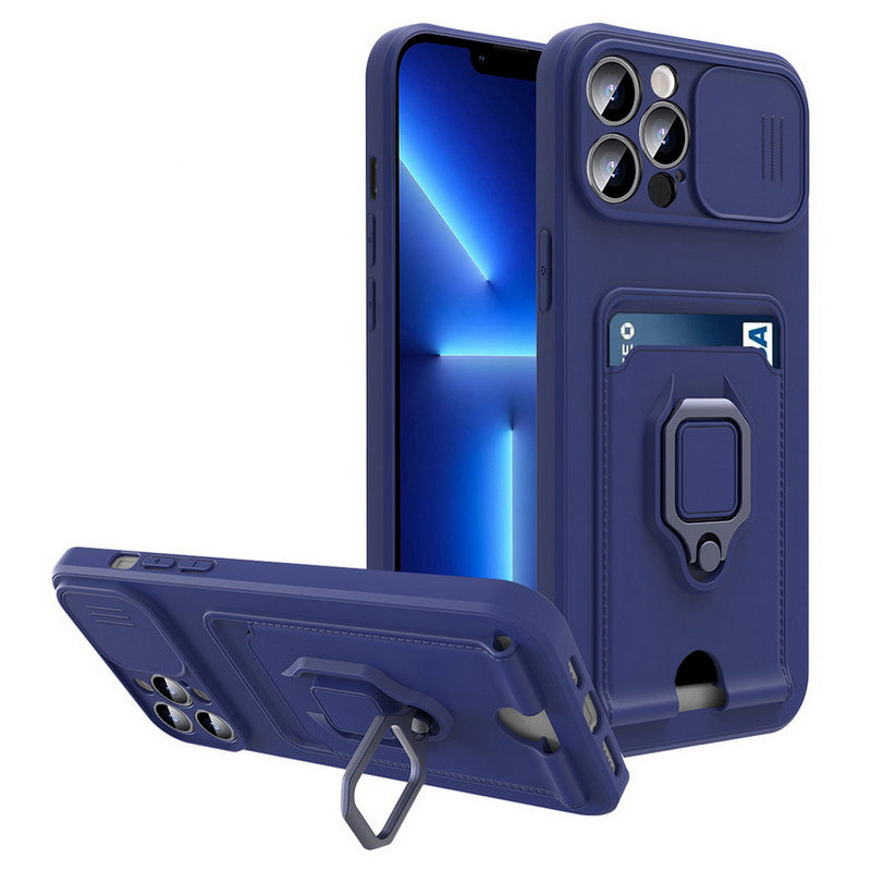 Case For iPhone 13 Blue Multi Function with Magnetic Ring Holder Camera Shutter Case Cover FoneFunShop   