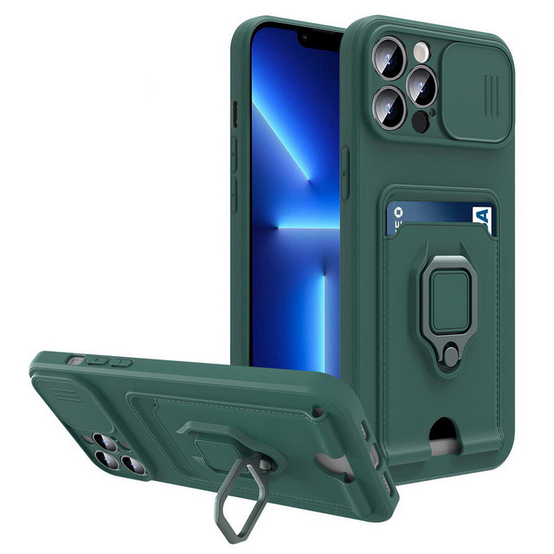 Case For iPhone 13 Green Multi Function with Magnetic Ring Holder Camera Shutter Case Cover FoneFunShop   