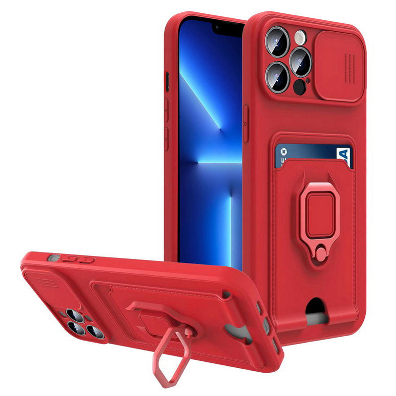 Case For iPhone 13 Red Multi Function with Magnetic Ring Holder Camera Shutter Case Cover FoneFunShop   