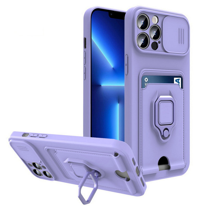 Case For iPhone 13 Purple Multi Function with Magnetic Ring Holder Camera Shut Case Cover FoneFunShop   