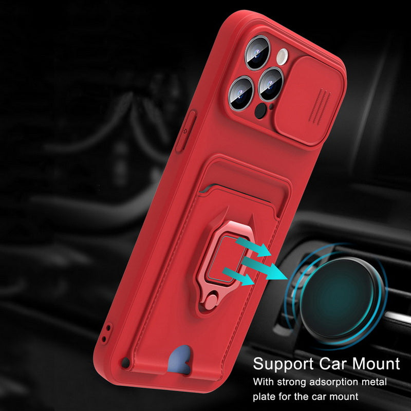 Case For iPhone 13 Black Multi Function with Magnetic Ring Holder Camera Shutter Case Cover FoneFunShop   