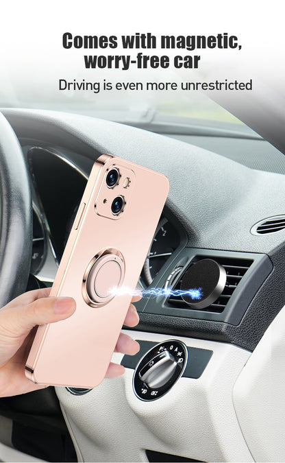 Case For iPhone 13 in Black Luxury Plating Magnetic Car Ring Case Cover FoneFunShop   