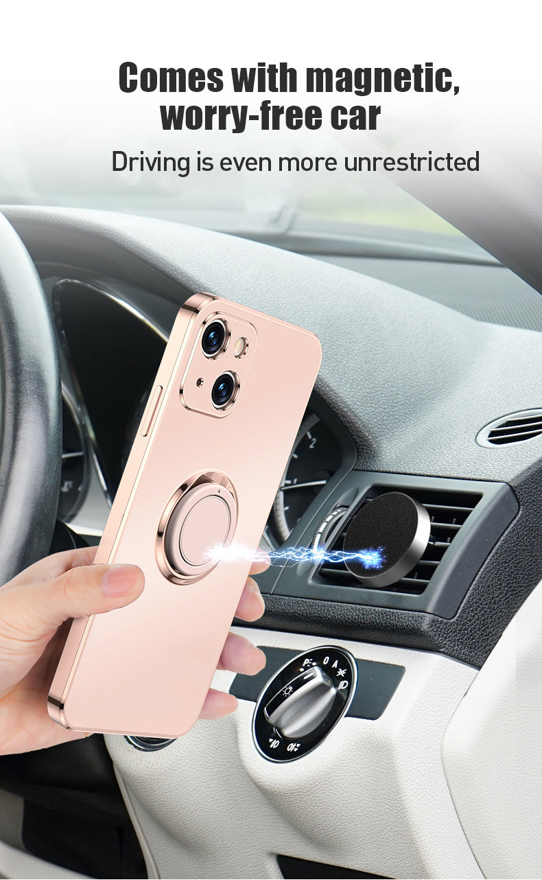 Case For iPhone 13 Pro Max in Black Luxury Plating Magnetic Car Ring Case Cover FoneFunShop   