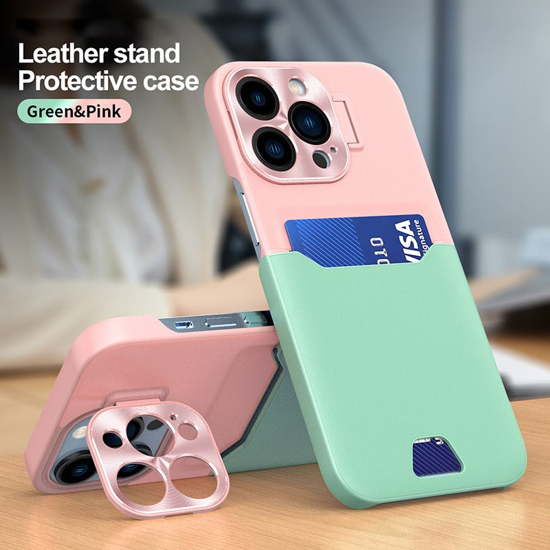 Case For iPhone 14 in Green Pink Card Holder Lens Protector Stand Case Cover FoneFunShop   