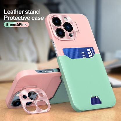 Case For iPhone 14 Pro Max in Green Pink Card Holder Lens Protector Stand Case Cover FoneFunShop   