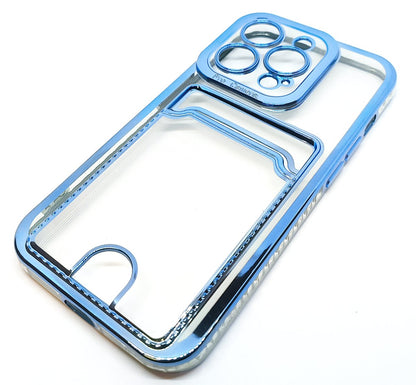 Case For iPhone 14Pro 15Pro Clear View Card Holder With Styled Edge Blue Case Cover FoneFunShop   