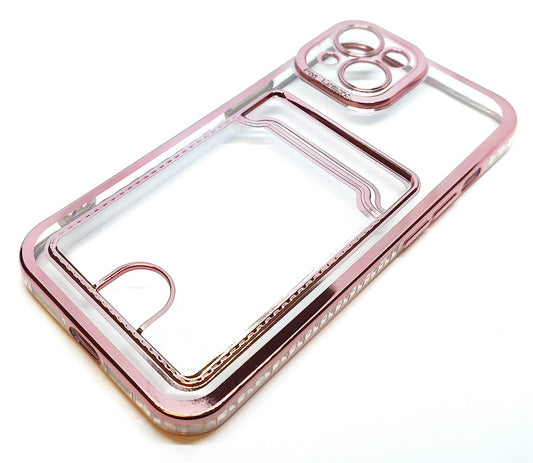 Case For iPhone 14 Plus 15 Plus Clear View Card Holder With Styled Edge Pink Case Cover FoneFunShop   