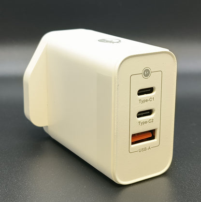 3 Port Plug Charger 65W PD MM with GaN Technology with 2 x Type C and Usb A Charger FoneFunShop   