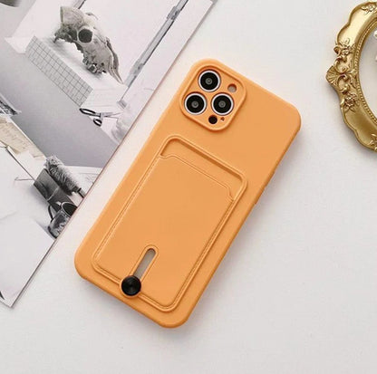 Silicone Card Holder Protection Case For iPhone 15 Pro Max in Orange Case Cover FoneFunShop   