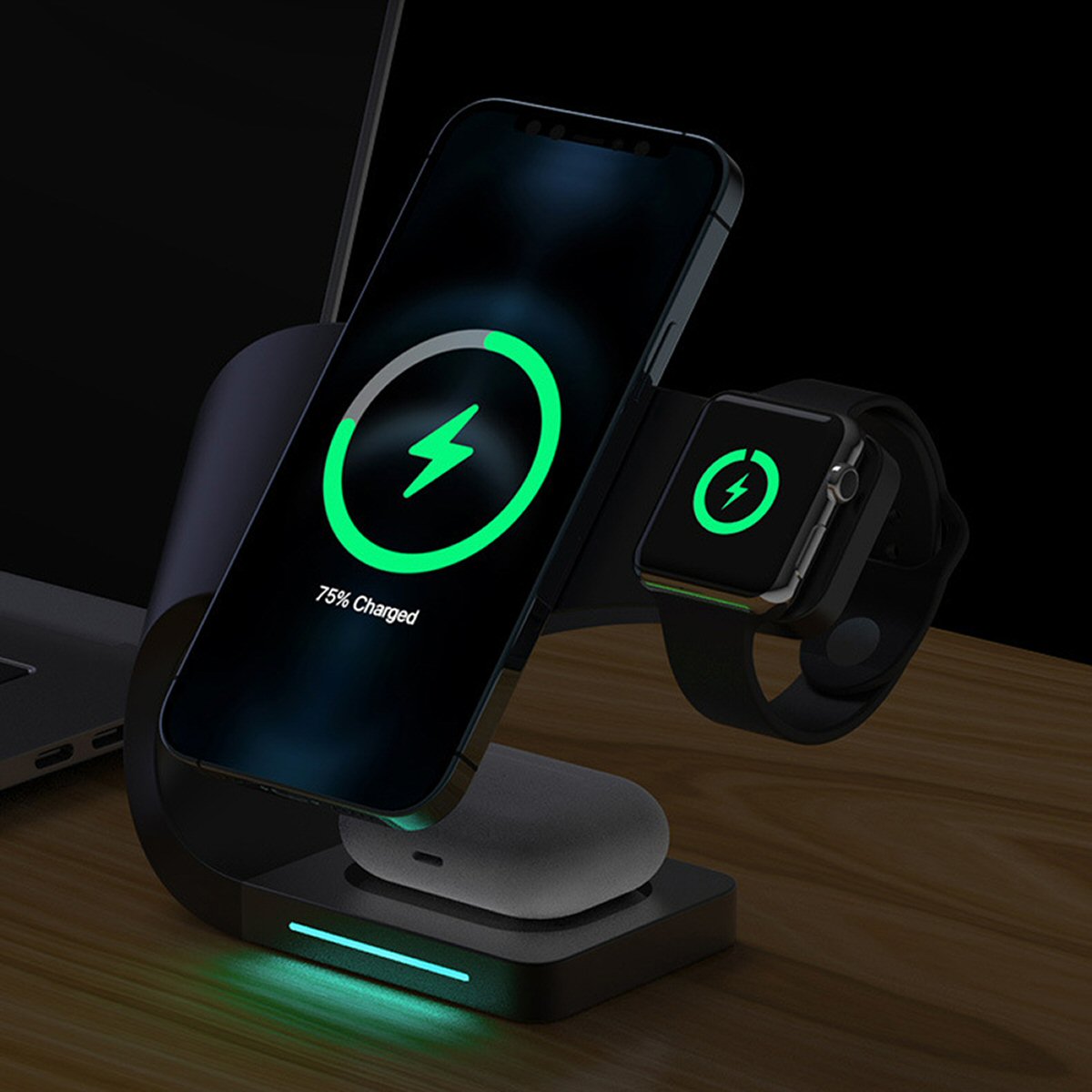 Wireless Charging For iPhone Watch and Pods Desktop Stand 3 in 1 Black  FoneFunShop   