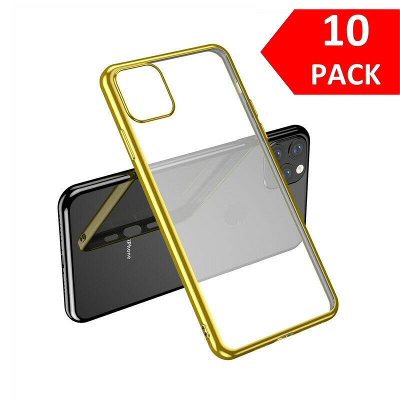 Case For iPhone 11 Pro Bulk Pack of 10 X Clear Silicone With Gold Edge Case Cover FoneFunShop   