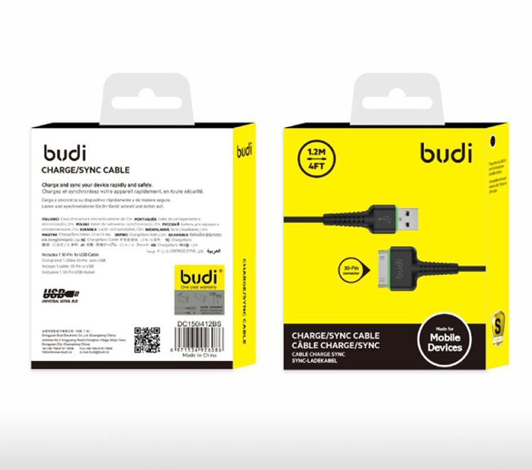 Budi Cable For iPhone 4 30 Pin 2.4A 1.2m Sync Charge Black Cable FoneFunShop   