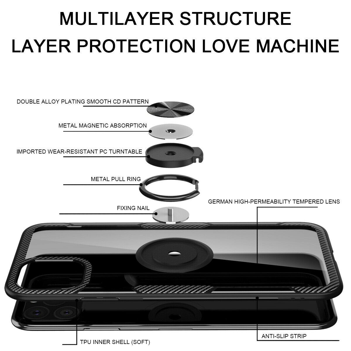 Case For iPhone 11 Pro Black Slim Clear Cover With Magnetic Ring Holder Stand Case Cover FoneFunShop   