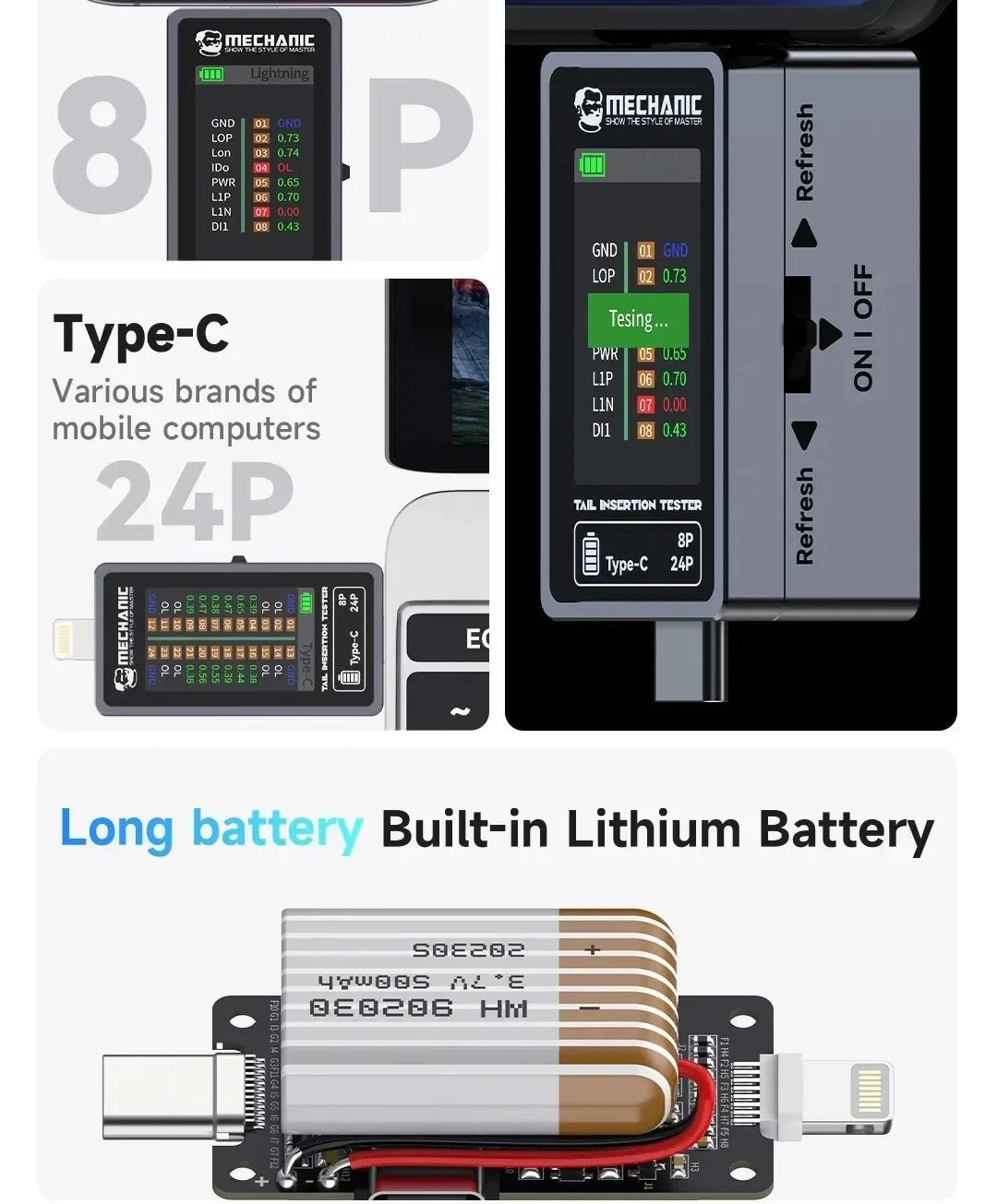 Mechanic T-824 Charging Port Pin Tester Current Power Check Type-C 8 Pin Phones Charging Port FoneFunShop   