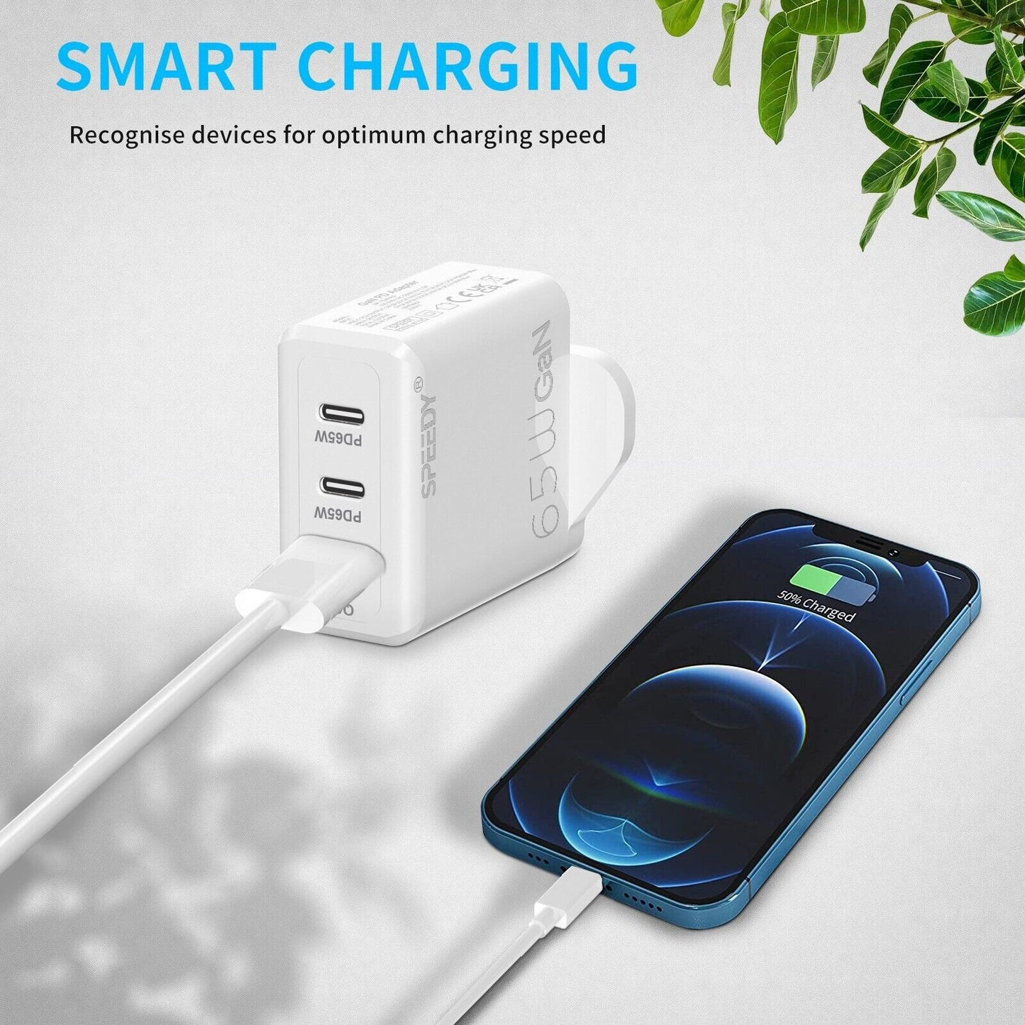 Plug For iPad MacBook Fast Charger 65W PD USB C USB QC Dual Port Charger FoneFunShop   